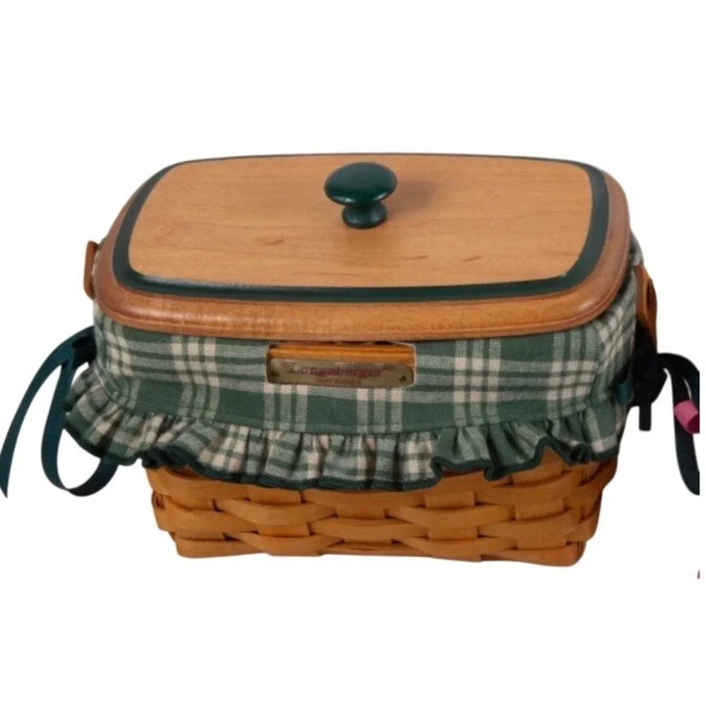 VTG Longaberger Dresden Tour Basket 1997 Brown Wood Lid Fabric Liner Protector